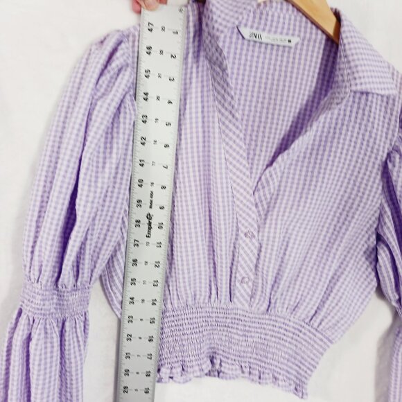 Zara, Lavender & White Gingham Check Crop Top, Long Sleeve, Renaissance, Peasant - Picture 10 of 14